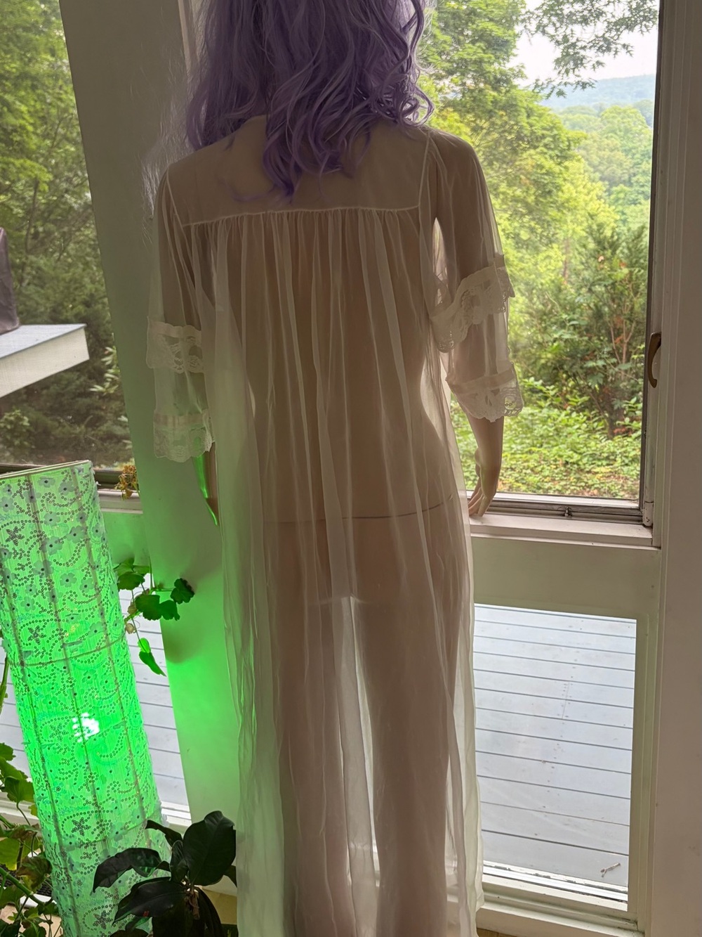 Vintage Sheer Lace-Trim Long Peignoir - Cream - Picture 2 of 7